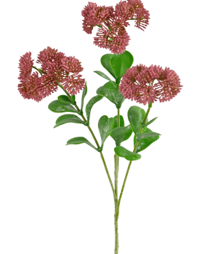 Ein künstlicher Zweig Sedum 56 cm rosa mit grünen Blättern und Büscheln kleiner, runder, zarter rosaroter Blüten vor einem weißen Hintergrund.