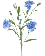 Der künstliche Nelkenstrauß 70 cm blau hat einen zarten Stiel mit mehreren hellblauen Nelkenblüten und grünen Blättern vor einem schlichten weißen Hintergrund.