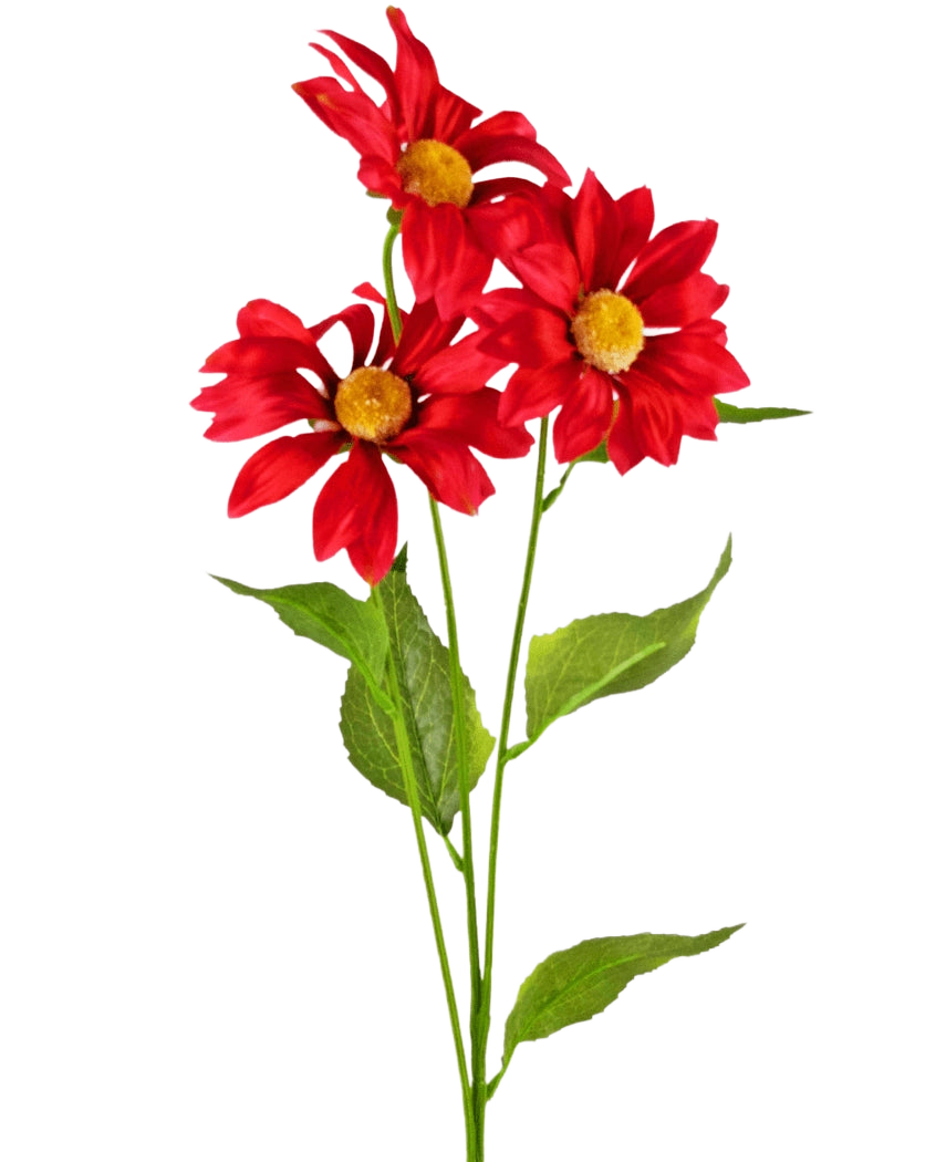 Die künstliche Gänseblümchenblume 78 cm rot besteht aus drei leuchtend roten künstlichen Gänseblümchen mit gelben Herzen und grünen Blättern an langen Stielen vor einem schlichten weißen Hintergrund.