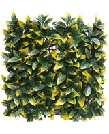 Die künstliche Hecke Photonia gelb 50x50 cm UV hat dichte, quadratische Felder aus künstlichen grünen und gelben bunten Blättern für ein üppiges, lebendiges Aussehen. Zur einfachen Installation ist die Rasterschicht teilweise hinter dem Blattwerk sichtbar.