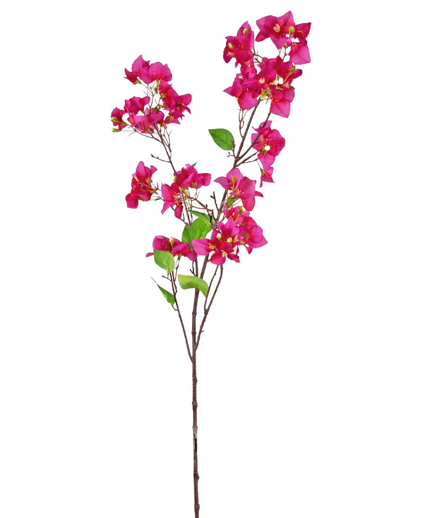Die künstliche Bougainvillea 120 cm rosa hat einen einzelnen Zweig mit mehreren Büscheln leuchtend rosa Blüten und grünen Blättern auf einem schlanken braunen Stiel vor einem weißen Hintergrund.