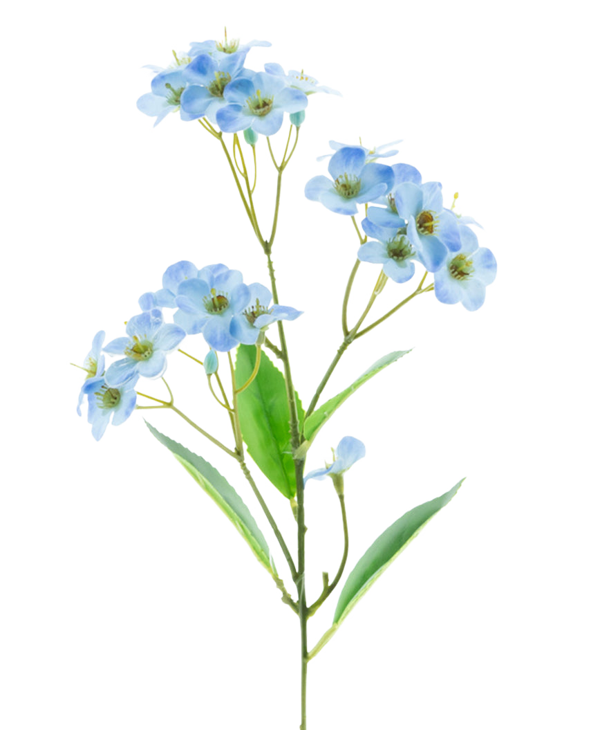 Vor einem schlichten weißen Hintergrund steht eine künstliche Blumenorchidee „Real Touch Blue“ 50 cm mit Büscheln zarter hellblauer Blüten und einigen grünen Blättern.