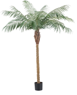 Die Kunstpflanze Phönixpalme De Luxe 180 cm hat federleicht grüne Blätter und einen strukturierten braunen Stamm in einem kleinen schwarzen Topf und bringt tropische Atmosphäre in jeden Raum.