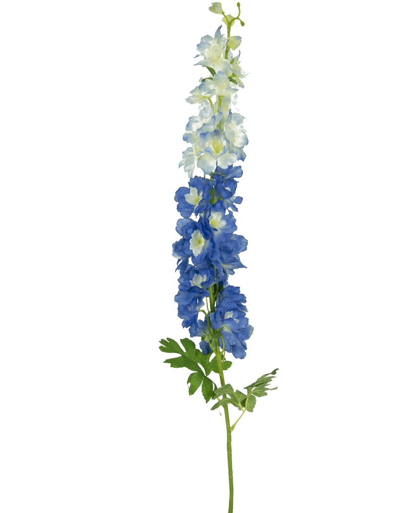 Die künstliche Blume Delphinium 105 cm blau hat einen einzelnen langen Stiel mit blau-weißen Blüten und grünen Blättern vor einem schlichten weißen Hintergrund.