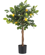 Der künstliche Zitronenbaum 75 cm ist ein kleiner künstlicher Zitronenbaum mit braunem Stamm, grünen Blättern und mehreren gelben künstlichen Zitronen vor einem schlichten weißen Hintergrund.