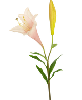 Die Kunstblume Exotische Lilie 74 cm rosa hat einen einzelnen Stiel mit einer blühenden hellrosa Lilie und einer geschlossenen gelben Knospe, umgeben von schlanken grünen Blättern, vor einem weißen Hintergrund.