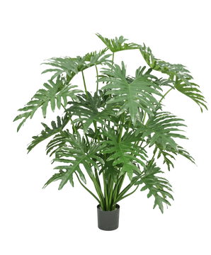 Eine Kunstpflanze Philodendron 125 cm mit großen, grünen, tief gespaltenen Blättern vor weißem Hintergrund.