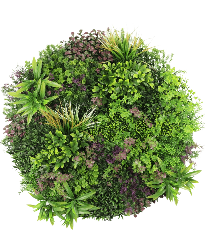 Eine Draufsicht auf die künstliche Hecke auf schwarzem Rahmen Ø100 cm zeigt eine üppige, dichte Darstellung grüner und violetter Blattpflanzen, die in einem kreisförmigen Muster auf weißem Hintergrund angeordnet sind.