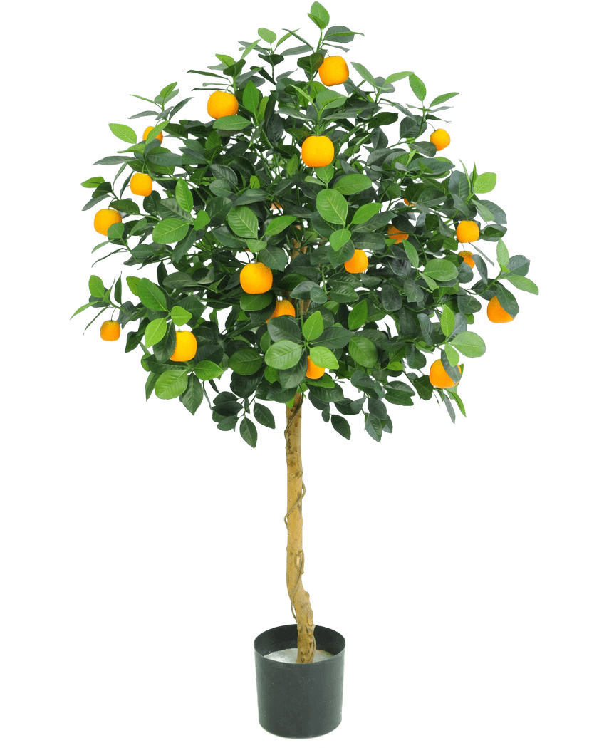 Der künstliche Orangenbaum 120 cm von Easyplants hat üppige grüne Blätter und viele leuchtend orangefarbene Früchte, die in einem Topf vor einem schlichten weißen Hintergrund präsentiert werden.