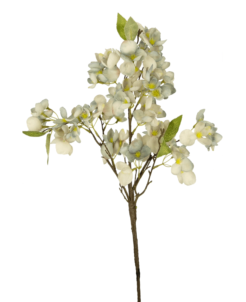 Die künstliche Blumenblüte 64 cm blau ist ein einzelner künstlicher Blumenzweig mit mehreren Stielen mit Büscheln kleiner blauer Blüten und grüner Blätter vor einem schlichten weißen Hintergrund.