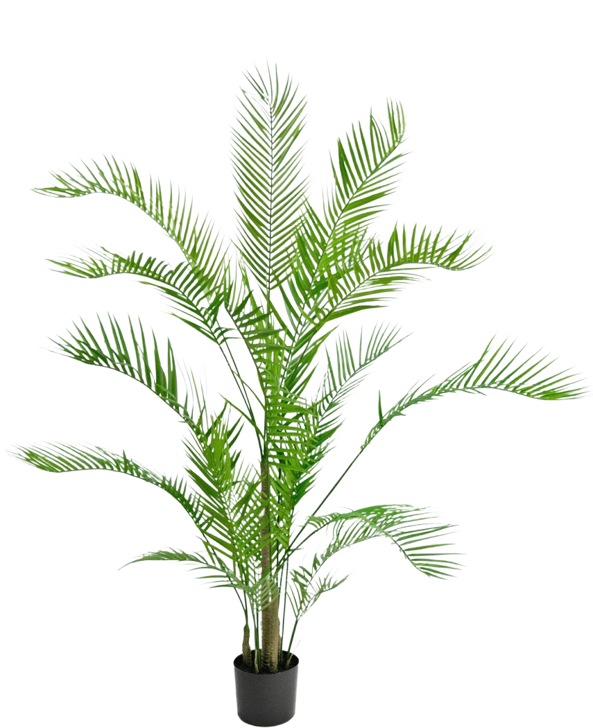 Die Kunstpflanze Chamaedorea 150 cm ist eine hohe Palme in einem Topf mit langen, gewölbten grünen Blättern und schlanken Stielen vor einem schlichten weißen Hintergrund.